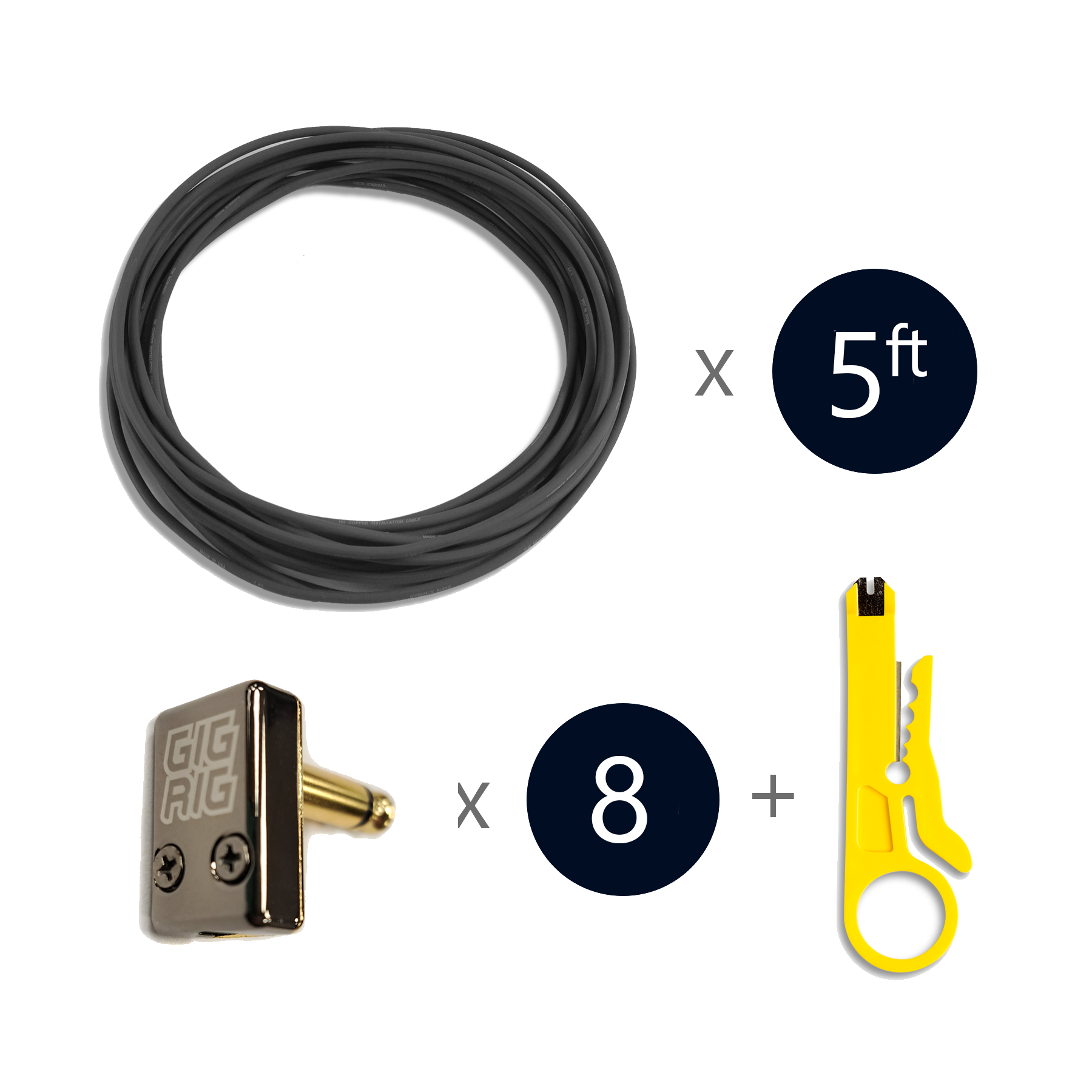 The GigRig Eminence Tiny Plug Connector 2 LOOP Patch cable Kit. 8 x R/A GigRig Branded Eminence Tiny Plugs, 5ft Evidence Audio Monorail Cable with a cable stripping tool.