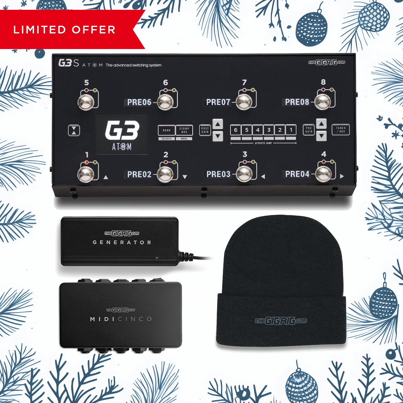 G3 S ATOM Switching System Bundle with a limited offer banner featuring G3S Atom Switching System, GigRig Generator Power Supply and Midi Cinco Patch Bay and Grey GigRig Logo Beanie on a festive background