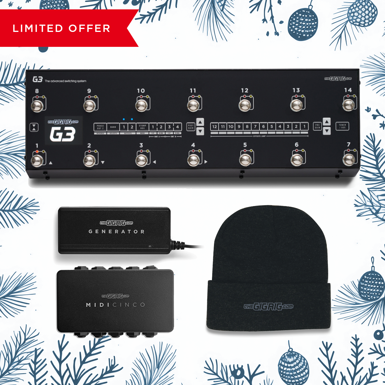 G3 Switching System Bundle with a limited offer banner featuring, GigRig G3 Switching System, Generator Power Supply and Midi Cinco Patch Bay and Grey GigRig Logo Beanie on a festive background