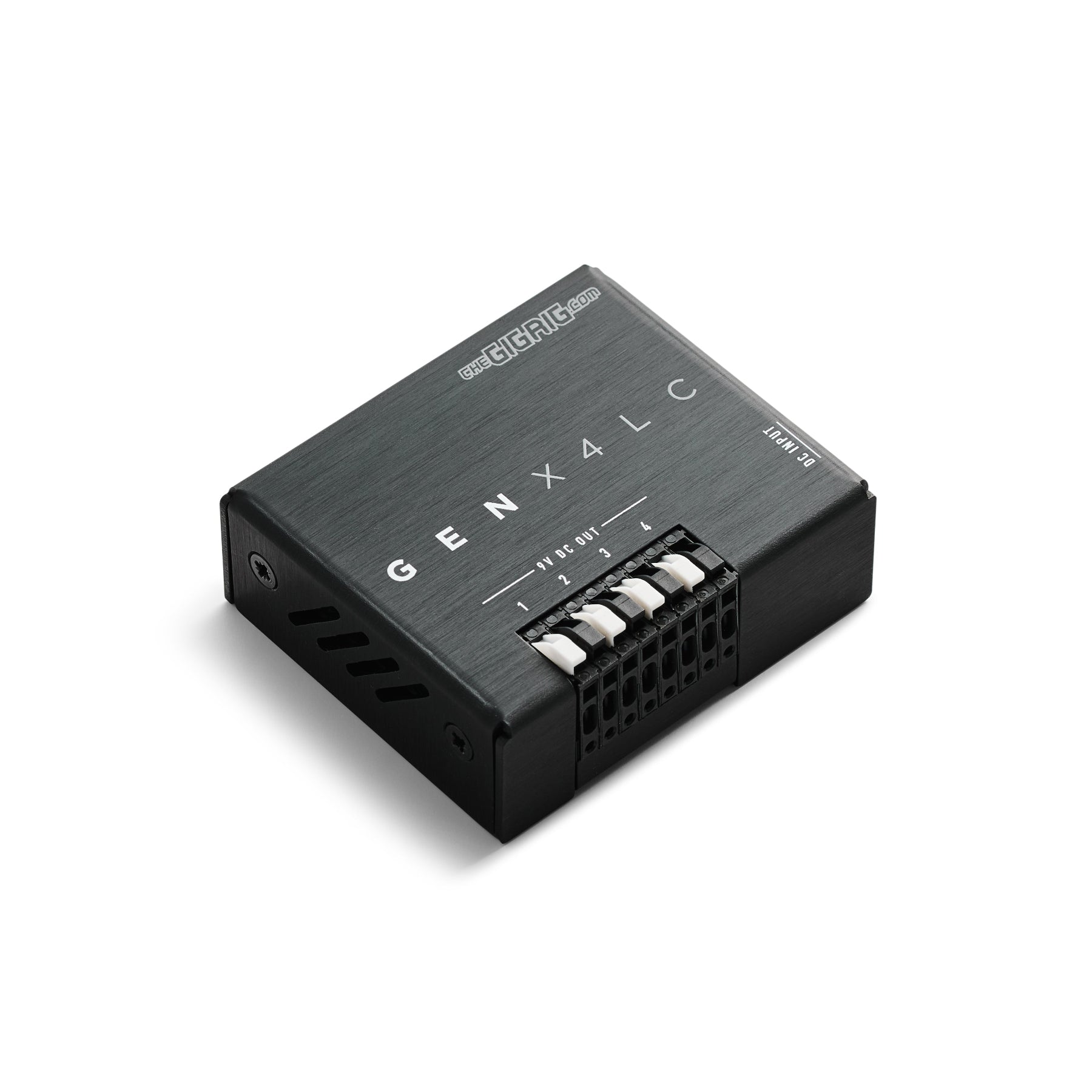 Black aluminium enclosure GENX4LC Power convertor with GigRig Branding on a white background angled showing outputs and vented case