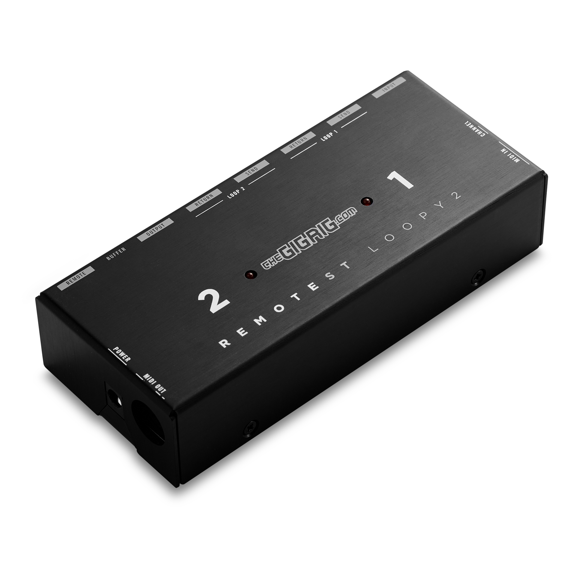 The GigRig Remotest Loopy 2 Angled View with DC power socket and Midi Out