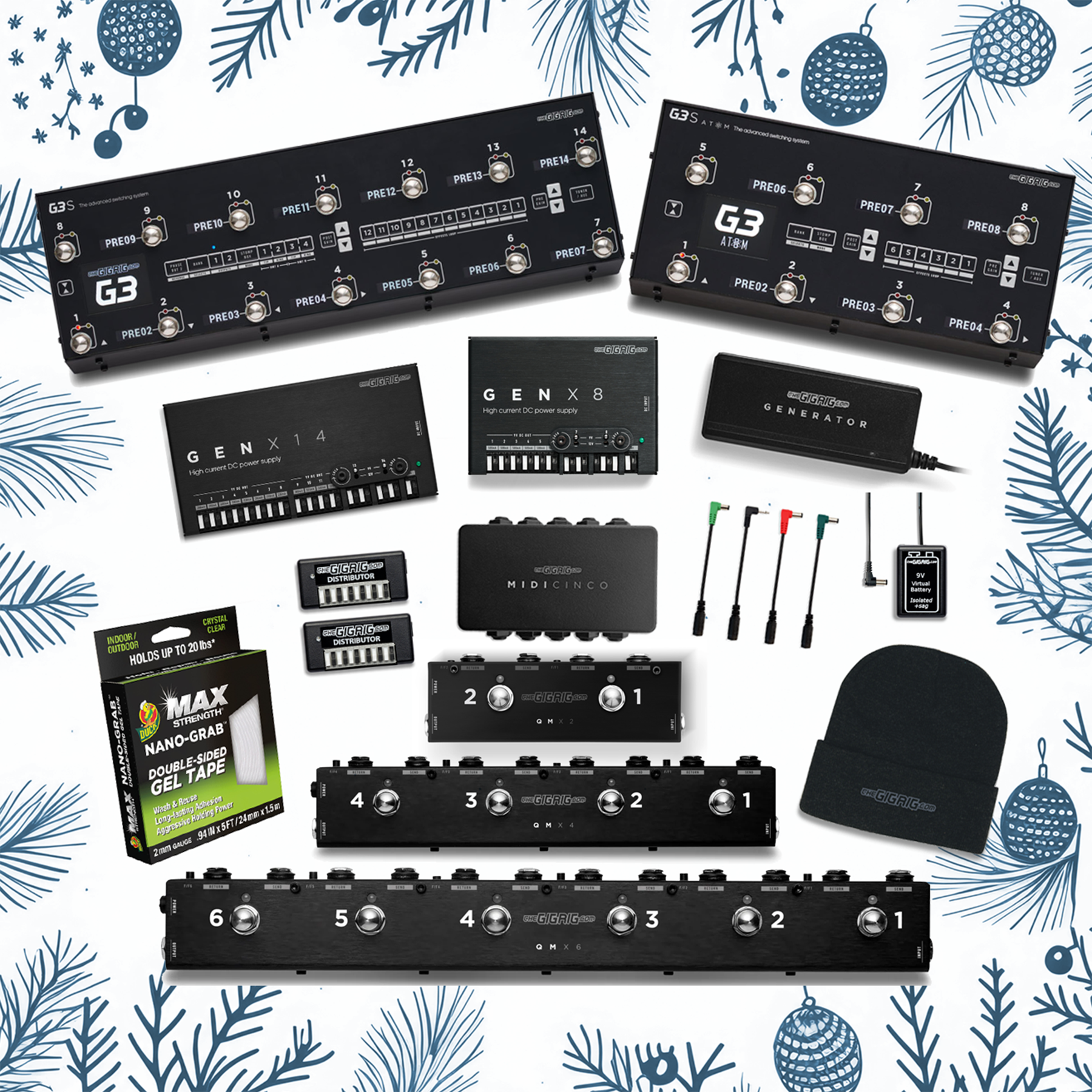 A selection of GigRig Guitar Effects switching systems, power supplies and accessories on a festive decorative background