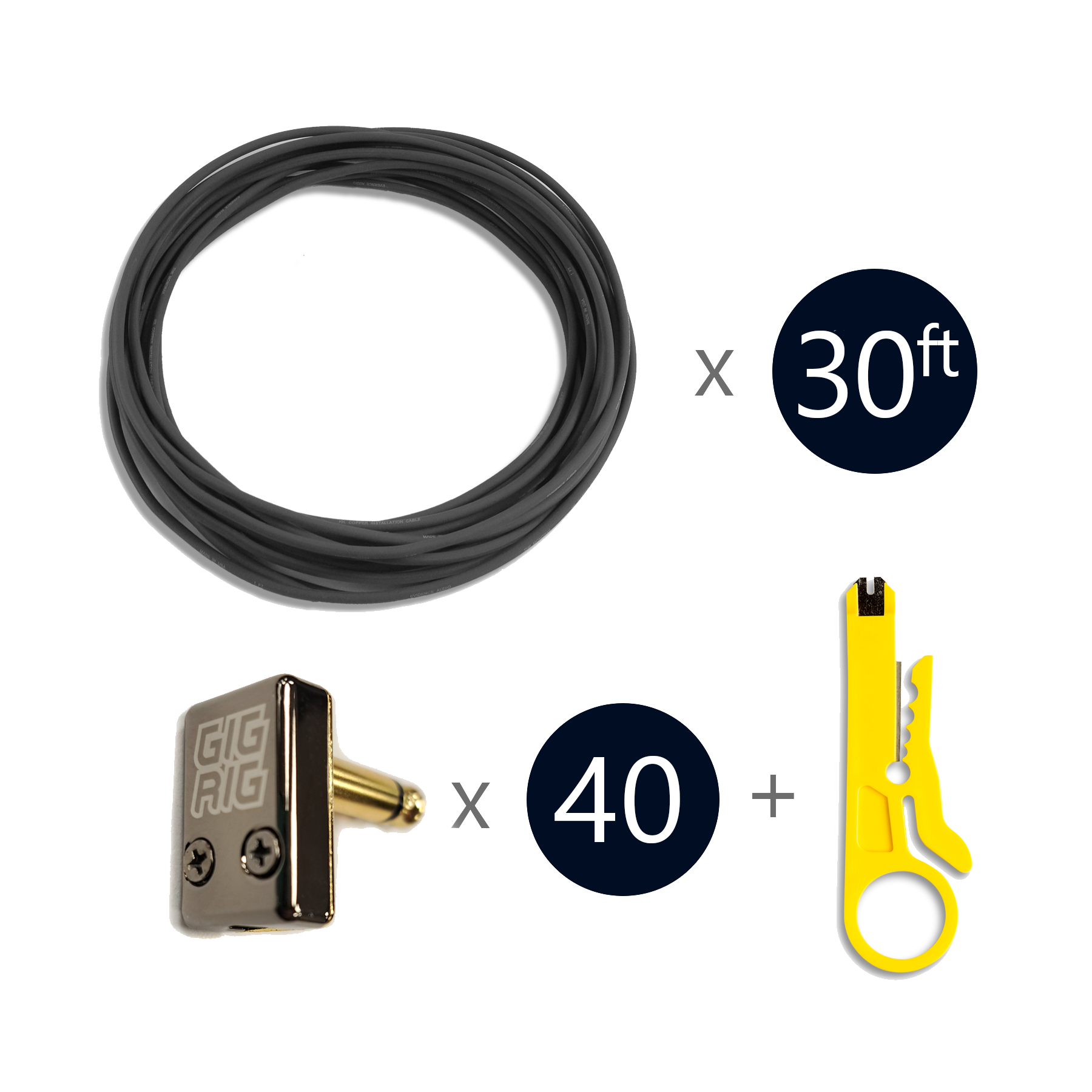 The GigRig Eminence Tiny Plug Connector 10 LOOP Patch cable Kit. 40 x R/A GigRig Branded Eminence Tiny Plugs, 30ft Evidence Audio Monorail Cable with a cable stripping tool.
