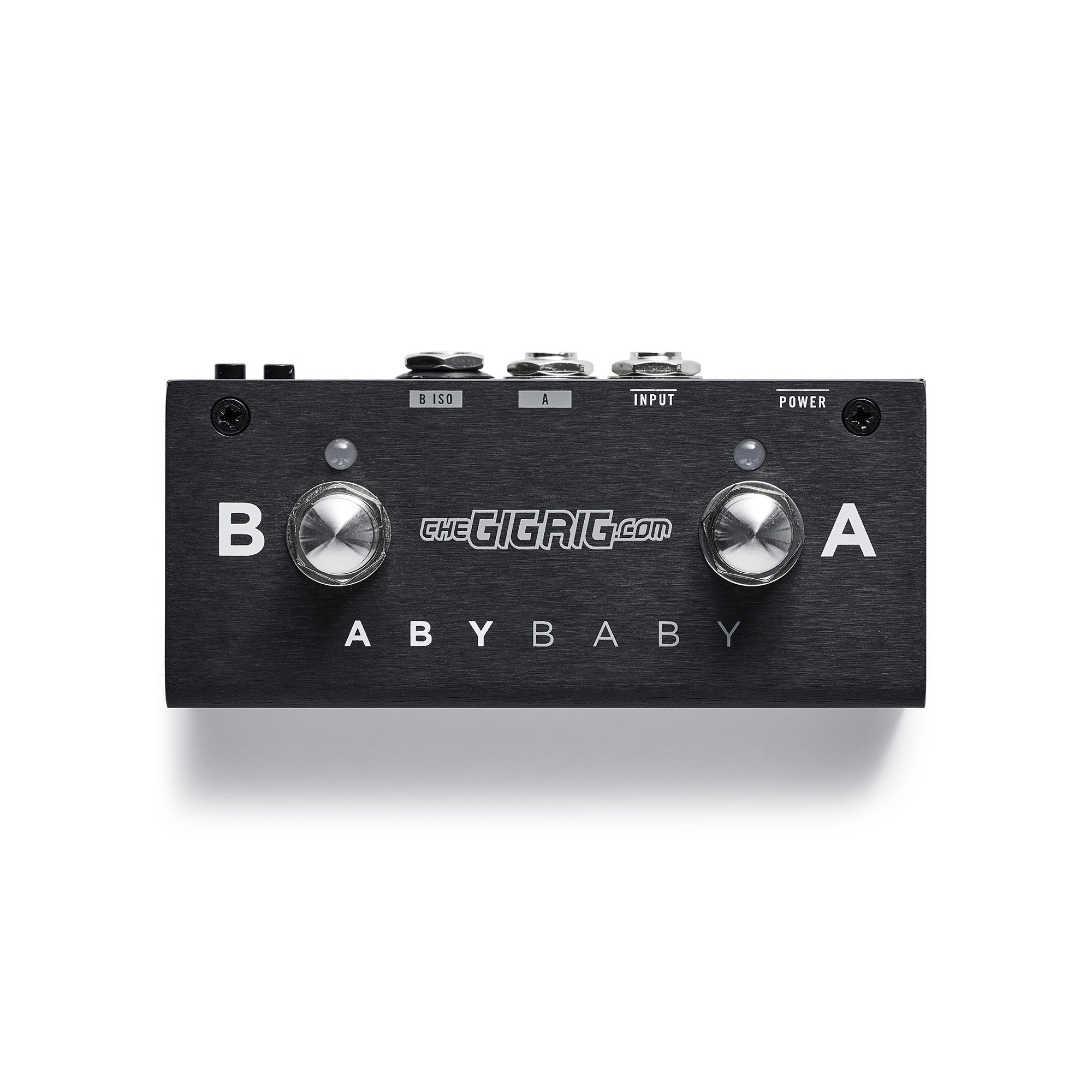 ABY BABY Top view in Anodised black metal enclosure with grey gigrig logo and labelled input/outputs
