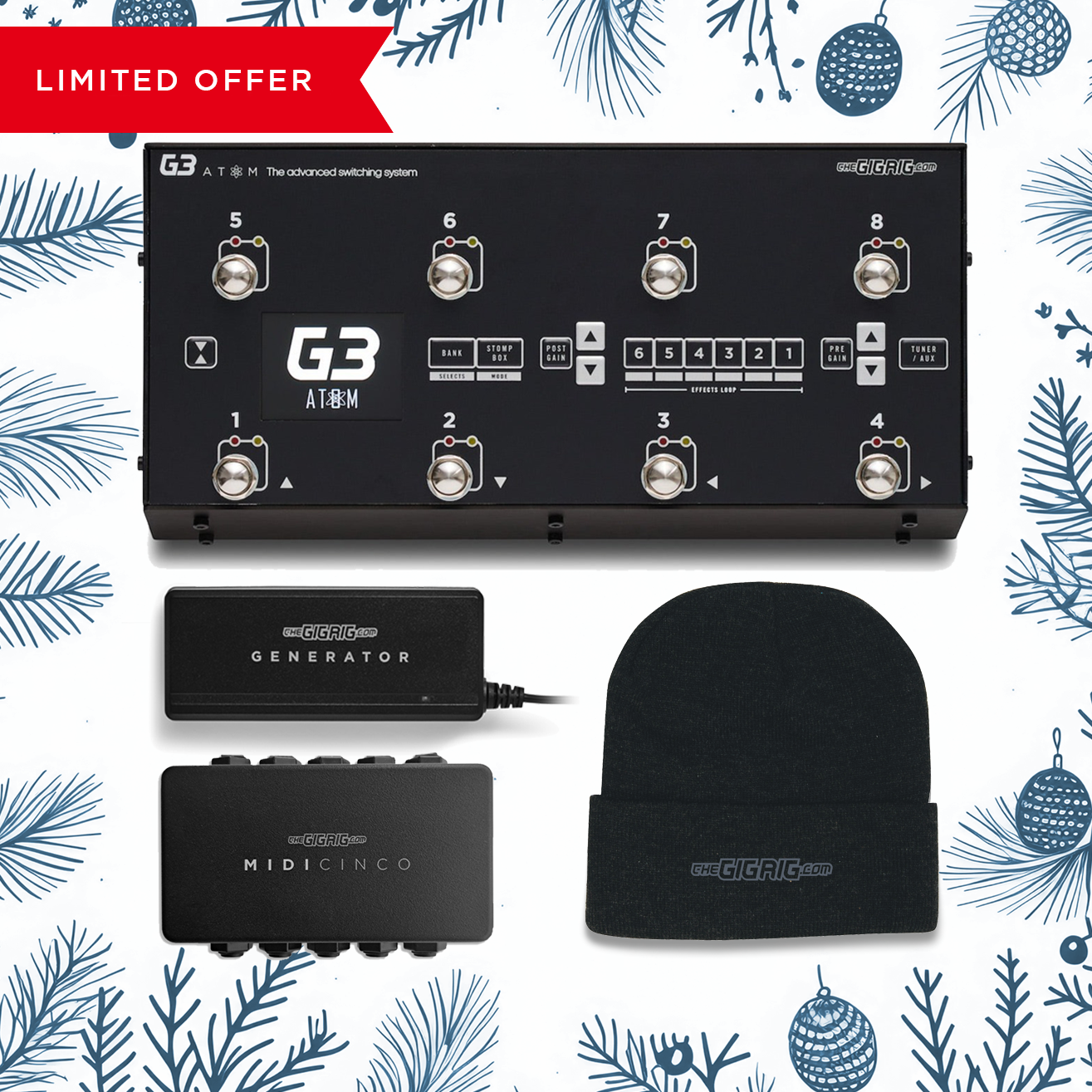 G3 Atom Switching System Bundle with  limited offer banner. Featuring G3 Atom Switching System, GigRig Generator Power Supply and Midi Cinco Patch Bay and Grey GigRig Logo Beanie