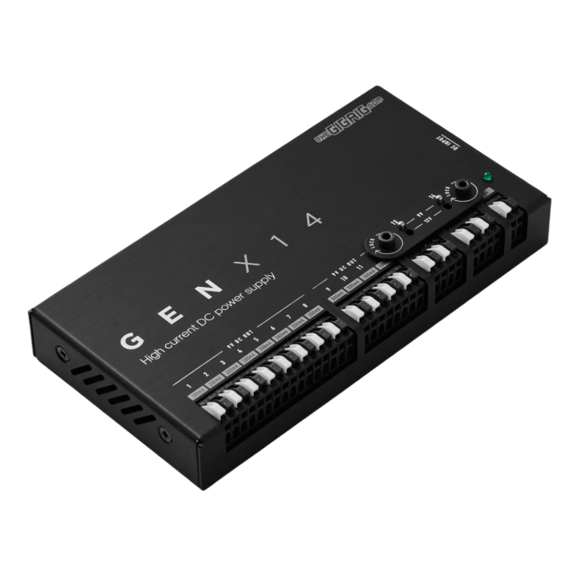 The GigRig Gen X 14 Dc power supply Angled view with side vent.