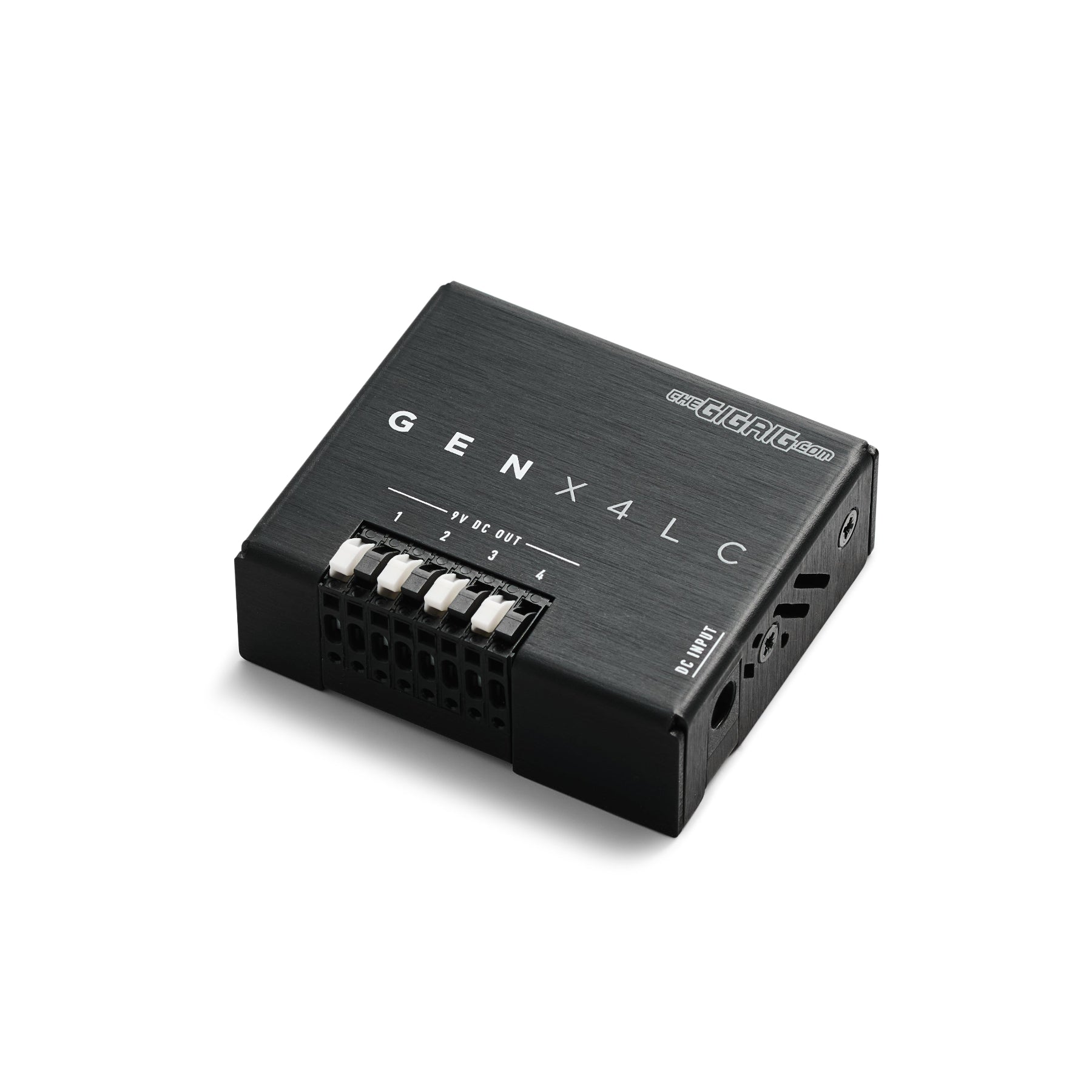 Black aluminium enclosure GENX4LC Power convertor with GigRig Branding  on a white background angled so you can see the DC power socket
