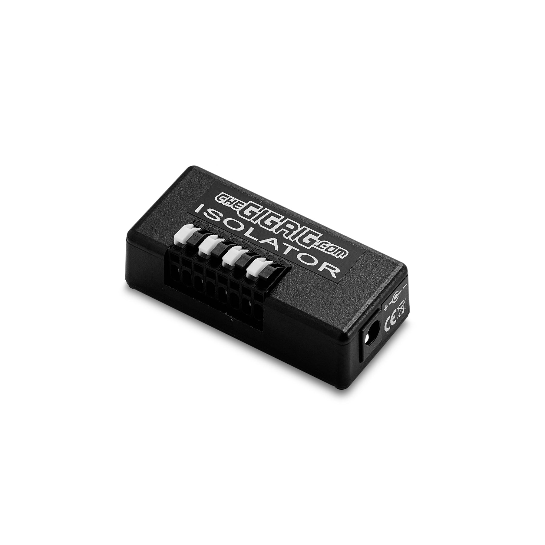 Isolator Version 1 black ABS case with tab connectors with GigRig Logo. DC power input connection visable