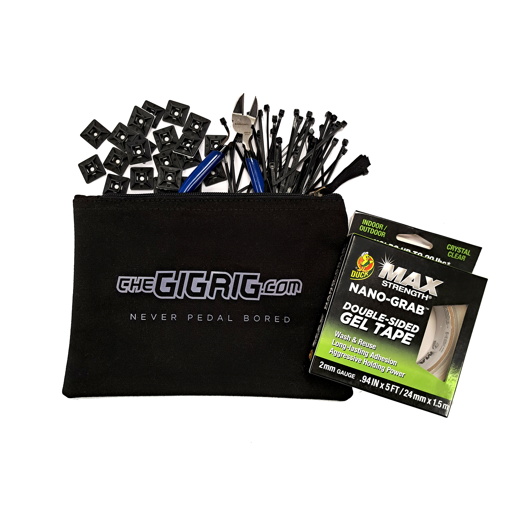 pedalboard building kit with pouch, cable ties, mounts, snips and Nano Grab tape