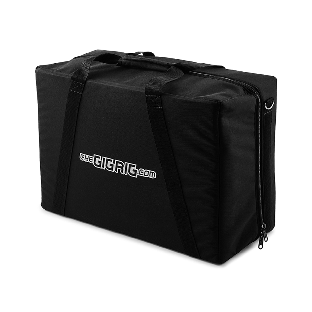 Pedalboard Bag Black 840D nylon fabric with slide zip and carry handle. Image of Medium Single Pedalboard bag shown as example. shown without detachable shoulder strap.