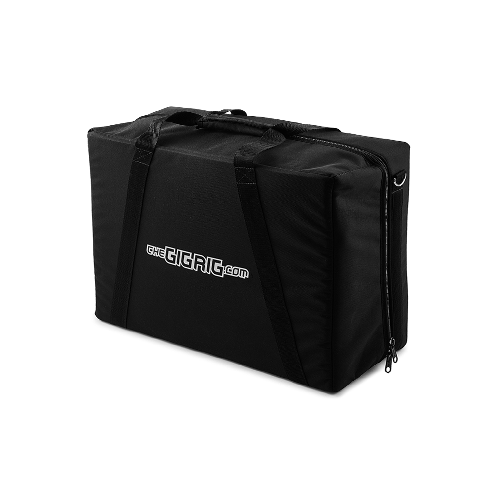 Pedalboard Bag Black 840D nylon fabric with slide zip and carry handle. Image of Medium Single Pedalboard bag shown as example. shown without detachable shoulder strap.